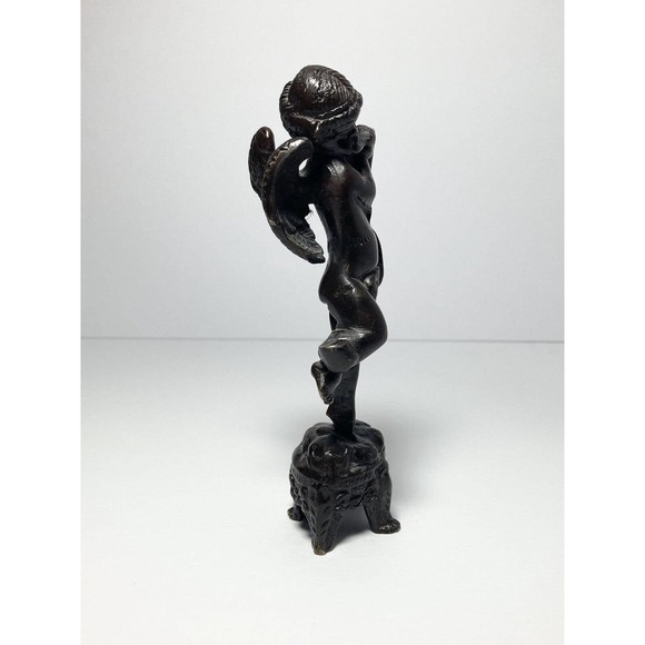 Antique Early 1900’s French Cherub Putti Playing Flute Bronze Statuette 5 3/4” - Picture 6 of 10